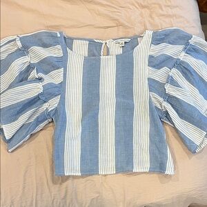 American Eagle Outfitters Blue and White Ruffle Sleeve Blouse